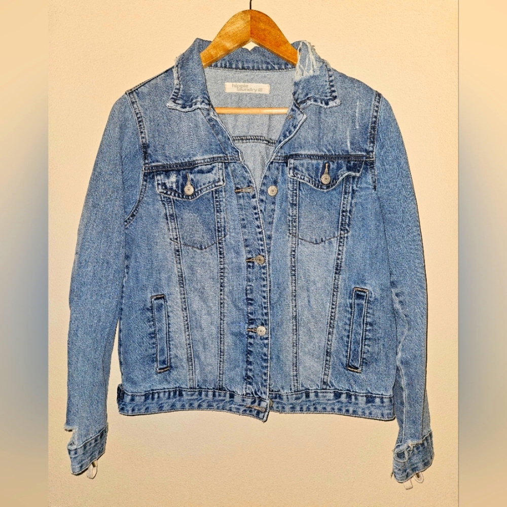 Hippie Laundry Distressed Jean Jacket CORSET Lace Sleeves Size Medium